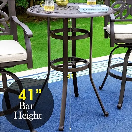 PHI VILLA Patio Furniture Set, Brown 3Pcs Cast Aluminum High Top Table and Swivel Bar Stools with Cushion, Pub Bistro Set for Outdoor