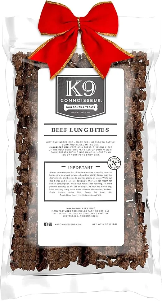 K9 Connoisseur Low to Odor Free Slow Roasted Beef Lung Dog Treats Made in USA, One Ingredient Dog Treats & All Natural Dog Treats, Grain Free Dog Treats for All Breeds & Sizes - 8 Ounce
