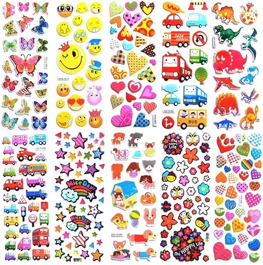 Stickers for Kids 1000+, 3D Puffy Stickers 40 Different Sheets, Cute Stickers Variety Pack for Kids Scrapbooking,Gifts, Rewards Including Animals, Stars, Fishes, Hearts, Dinosaurs, Cars and More