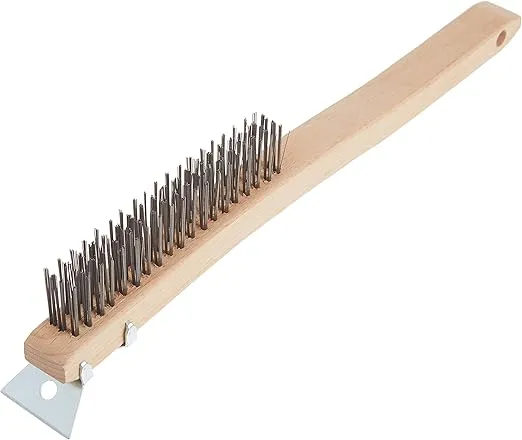 Forney 70511 Wire Scratch Brush, Carbon Steel with Curved Wood Handle & Metal Scraper, 13-11/16"-by-.014"