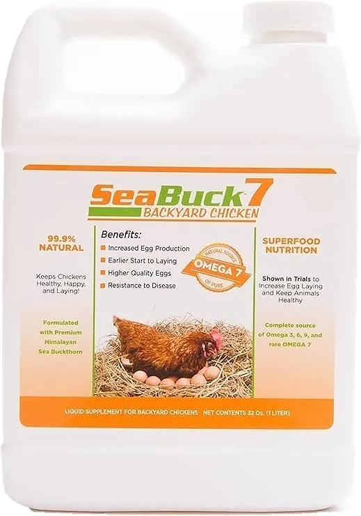 SeaBuck 7 Chicken & Bird Supplement with Sea Buckthorn to Improve Egg Quality (1-Month Supply for 20 Chickens) – Earlier Laying, Egg Production Booster & Higher Quality Eggs