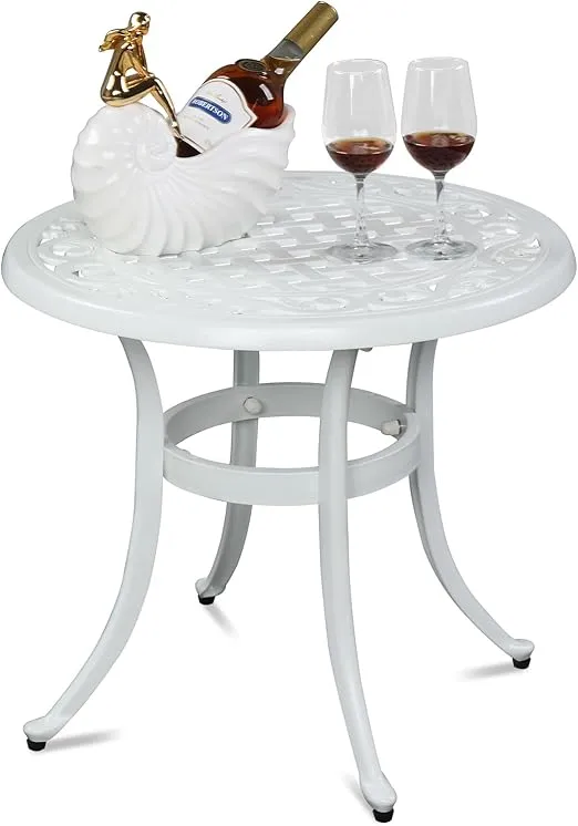 VINGLI 24” Cast Aluminum Outdoor Side Table, All Weather Round Patio Coffee Table Porch Table Outdoor Bistro Table Outdoor End Table (White)
