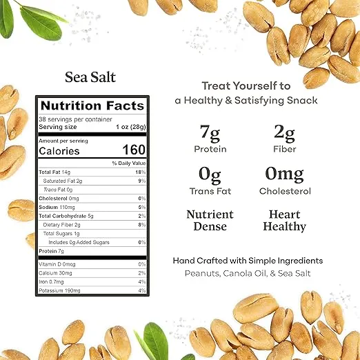Belmont Peanuts Gourmet Sea-Salted Virginia Peanuts, 38 oz (1 Pack) – Only 3 Simple Ingredients, No Preservatives, 7g Protein – A Premium, Salty, Crunchy, Hand Seasoned Snack