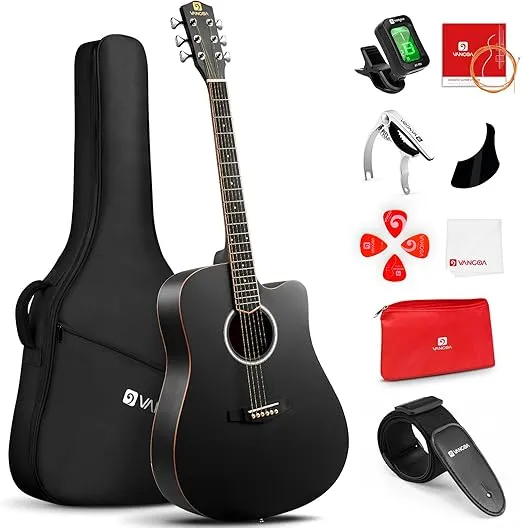 Vangoa 4/4 Acoustic Guitar for Beginner Adult Full Size Dreadnought Acustica Guitarra Bundle Kit Cutaway Starter Folk Guitar Set with Gig Bag, Picks, Strings, Capo, Tuner, Strap, Pickguard, Black
