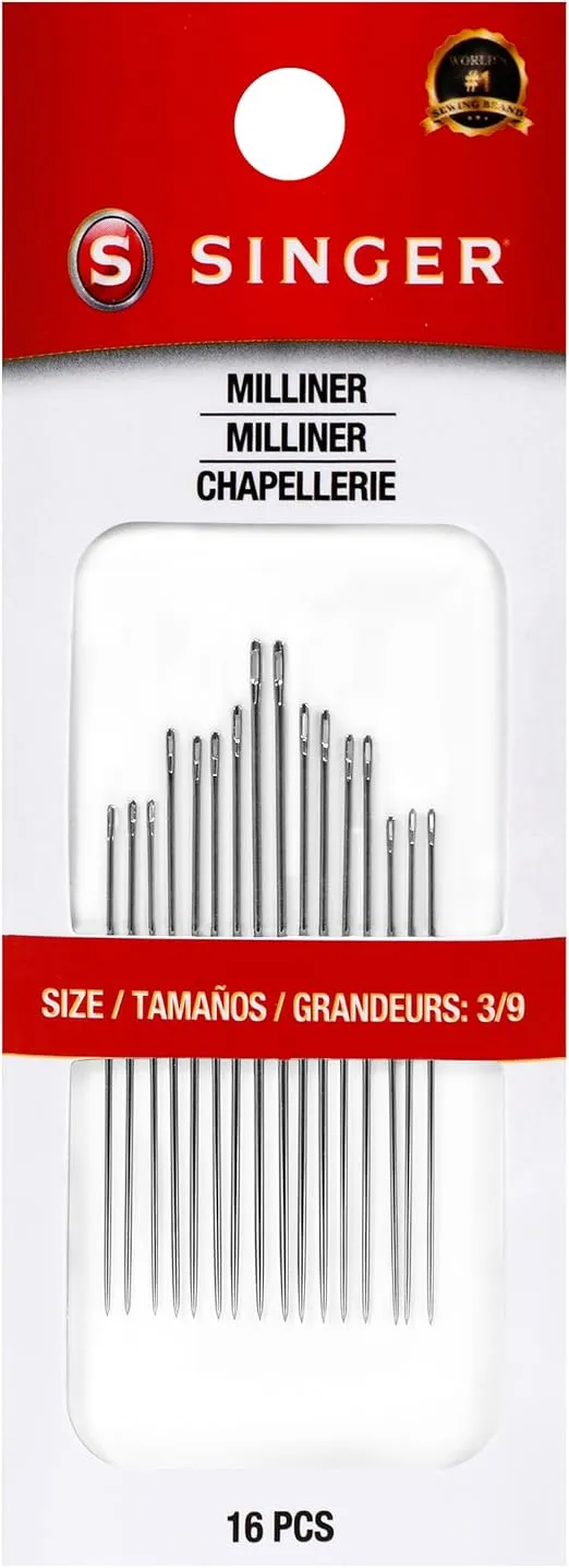 SINGER Milliner Hand Needles Set - Assorted Sizes 3-9, Long Slender Shaft, Small Round Eye, Nickel-Plated Steel, Ideal for Hat Making & Detailed Embroidery, 16pc