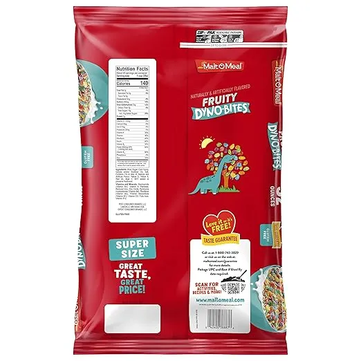 Malt-O-Meal Fruity Dyno Bites Cereal, Gluten Free Breakfast Cereal with Fruity Flavor, Large Cereal for Family, 32 OZ Resealable Cereal Bag