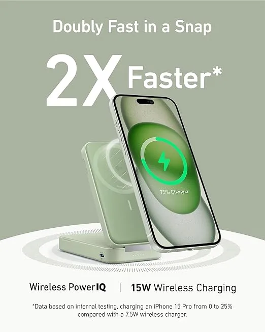 Anker Power Bank, Certified 15W Ultra-Fast MagSafe-Compatible Portable Charger, 6,600mAh Battery Pack with Adjustable and Foldable Stand, for iPhone 15/14/13 Series (USB-C Cable Included)