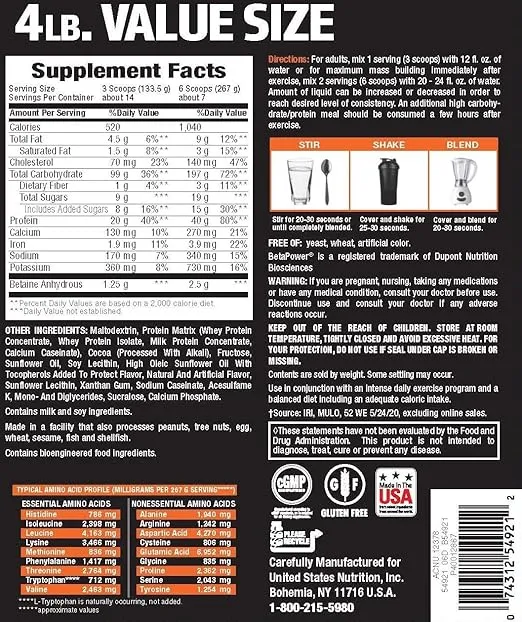 Body Fortress Super Advanced Mass Gainer, Chocolate Protein Plus Surplus Calories for Muscle Mass Gain Support 1-4lb. Jar