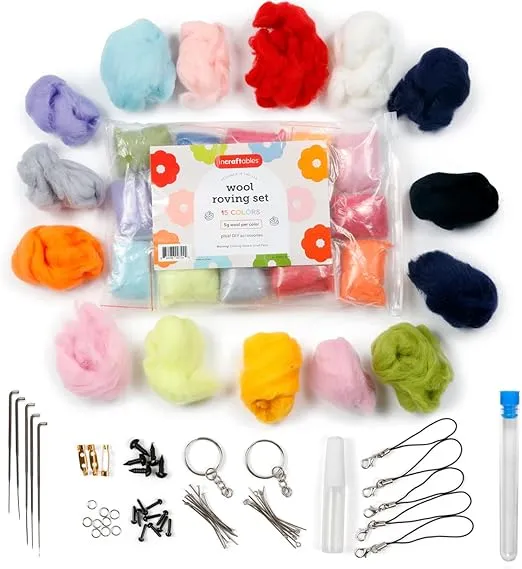 Incraftables Wool Needle Felting Kit (15 Colors). Best Wool Felting Kits for Beginners, Pros, Adults & Kids. Wool Roving Felt Supplies Starter Set with Plastic Eyes, Landyads, Keychains & Glue