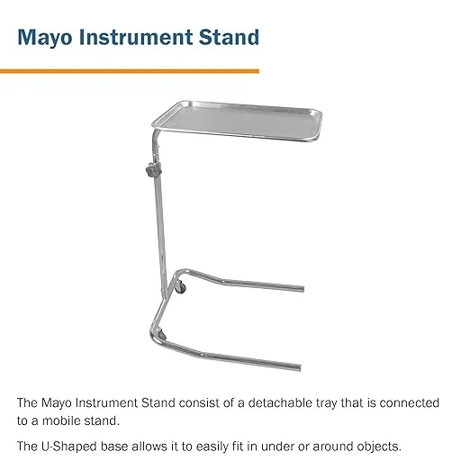 McKesson Medical Instrument Mayo Stand, Stainless Steel Rolling Tray for Hospitals, Offices, Dental, Salons, U-Shaped Base, 31-50 Inch Height, 1 Count
