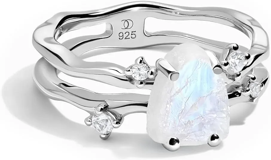Moon Magic - Authentic Moonstone Ring - Flow/Real 925 Sterling Silver - 18k Rose Gold Raw Rainbow Moonstone Rings for Women/Genuine Moonstone Jewelry