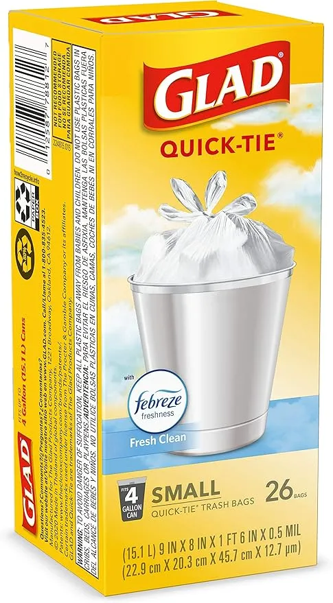 Glad Trash Bags, Small Garbage Bags - OdorShield 4 Gallon White Trash Bag, Gain Fresh Scent with Febreze - 26 Count (Package May Vary)