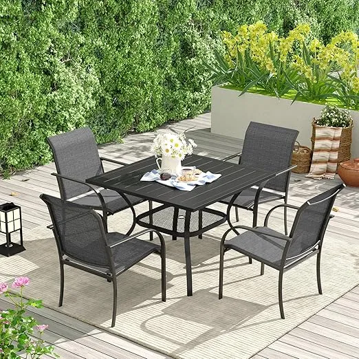 VICLLAX Patio Dining Table for 4 Square Metal Outdoor Table with Umbrella Hole and Storage Shelf for Garden Lawn Balcony Deck, Black