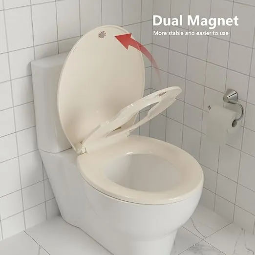 Toilet Seat Round, Toilet Seat with Toddler Seat Built in, Potty Training Toilet Seat Round Fits Both Adult and Child, with Soft Close, Easy Install and Clean - Fits Most Round Toilets Almond